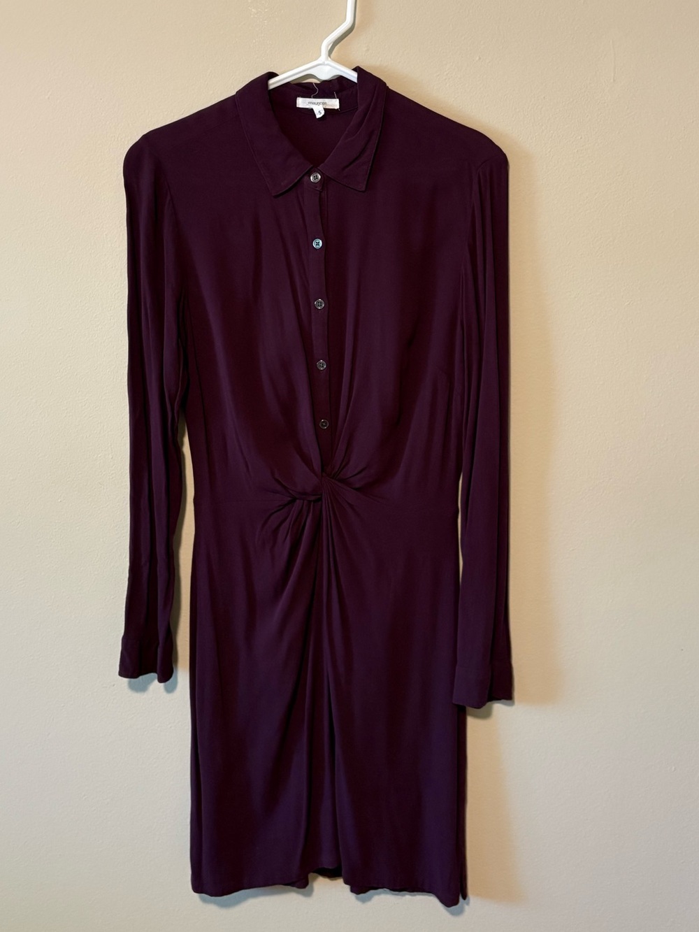 Maurices Long Sleeve Twist-Front Shirt Dress in Deep Plum